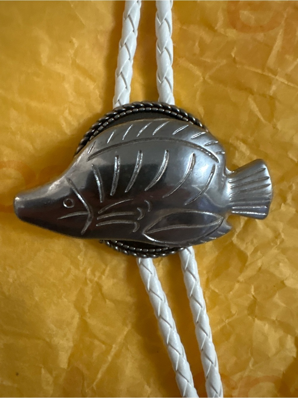 Silver Fish Bolo Tie - White Cord
